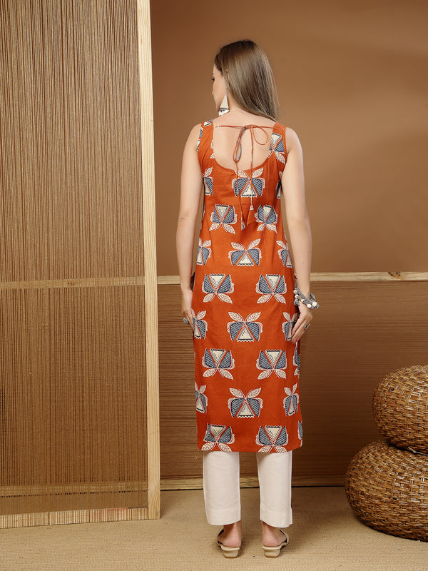 Stylum Women's Rust Block Printed Cotton Straight Kurta (RUSTLETTUCE)