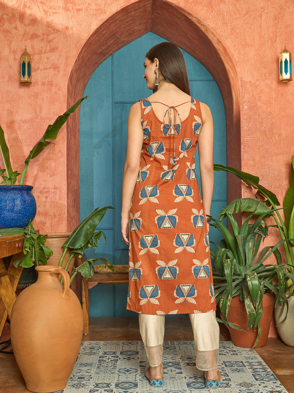 Stylum Women's Rust Block Printed Cotton Straight Kurta (RUSTLETTUCE)