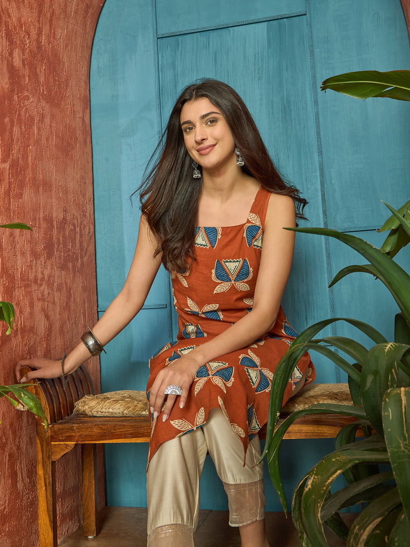 Stylum Women's Rust Block Printed Cotton Straight Kurta (RUSTLETTUCE)