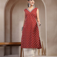 Stylum Women's Rust Buti Printed Cotton Straight Kurta (RUSTNODI)