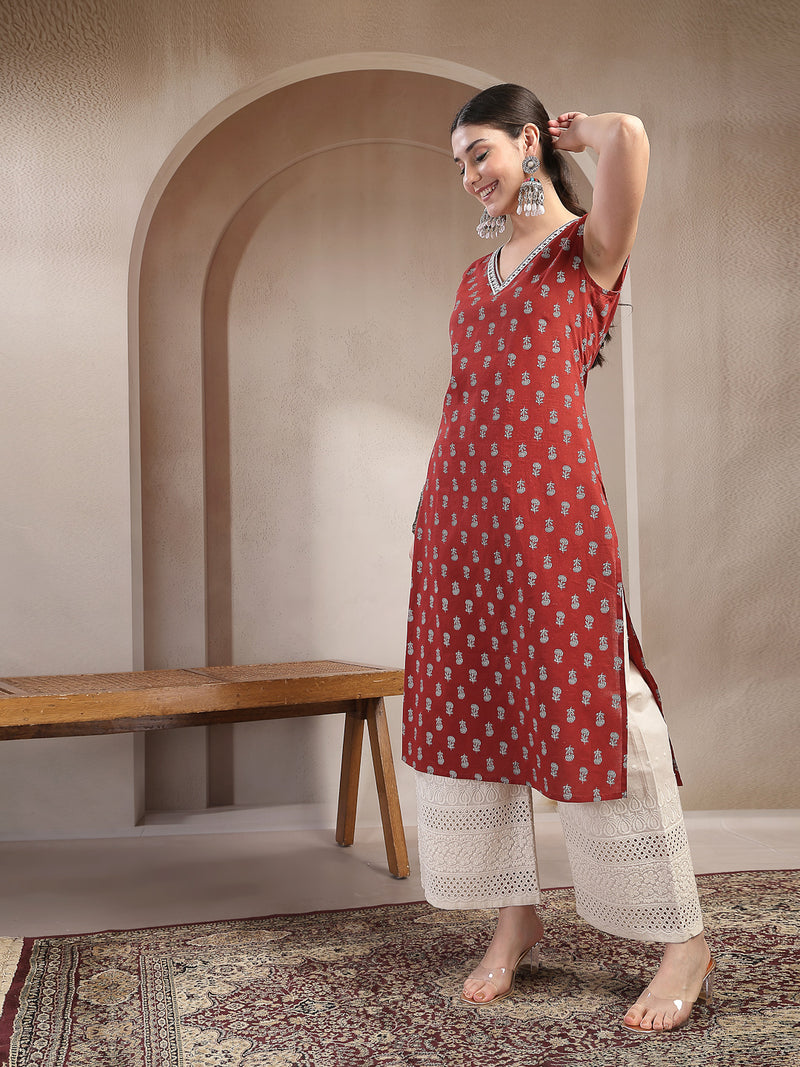 Stylum Women's Rust Buti Printed Cotton Straight Kurta (RUSTNODI)