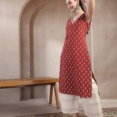 Stylum Women's Rust Buti Printed Cotton Straight Kurta (RUSTNODI)