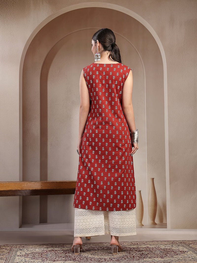 Stylum Women's Rust Buti Printed Cotton Straight Kurta (RUSTNODI)
