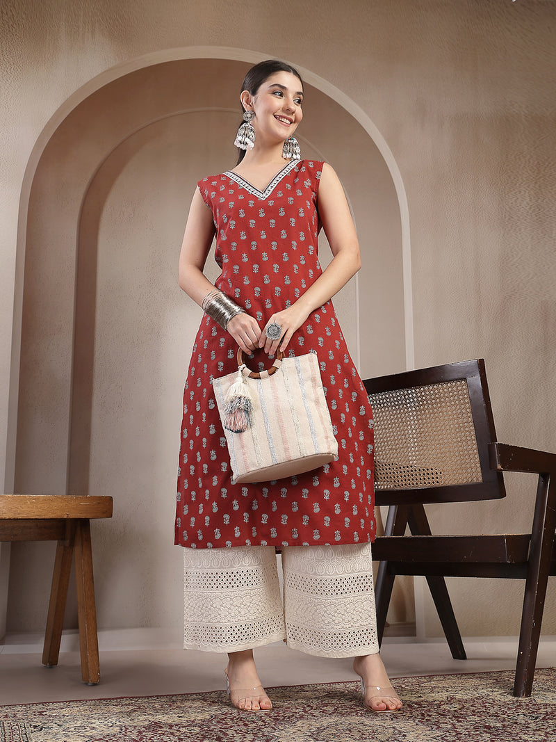 Stylum Women's Rust Buti Printed Cotton Straight Kurta (RUSTNODI)