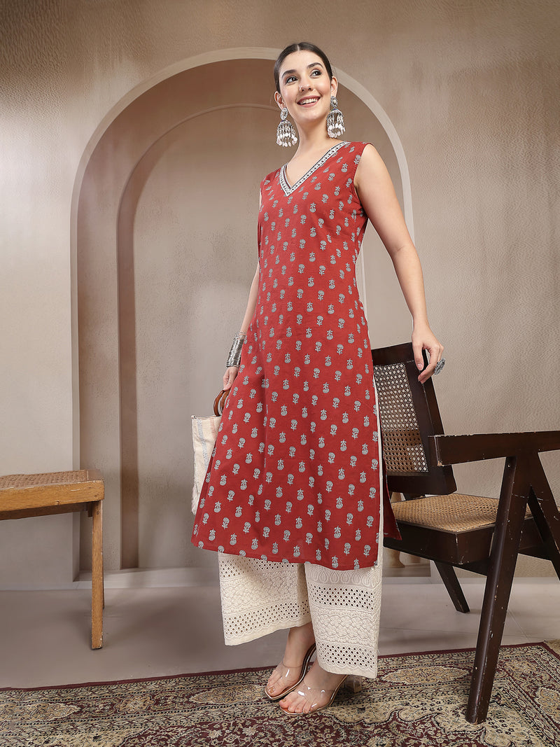 Stylum Women's Rust Buti Printed Cotton Straight Kurta (RUSTNODI)