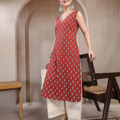Stylum Women's Rust Buti Printed Cotton Straight Kurta (RUSTNODI)