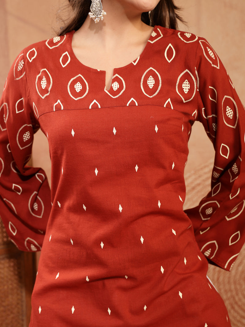 Stylum Women's Rust Ethnic Printed Cotton Straight Kurta (RUSTREGAL)