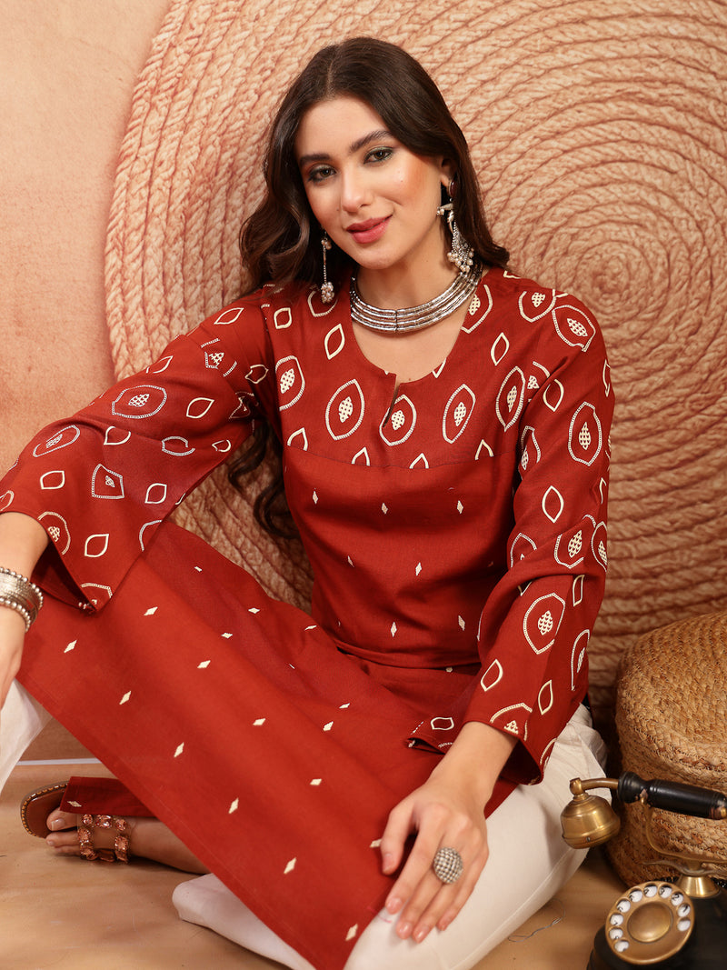 Stylum Women's Rust Ethnic Printed Cotton Straight Kurta (RUSTREGAL)