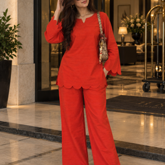 Red Scalloped Rayon Co-Ord Set (KPREDPOLAR)