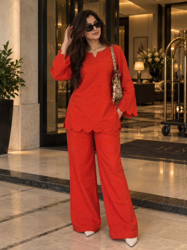 Red Scalloped Rayon Co-Ord Set (KPREDPOLAR)