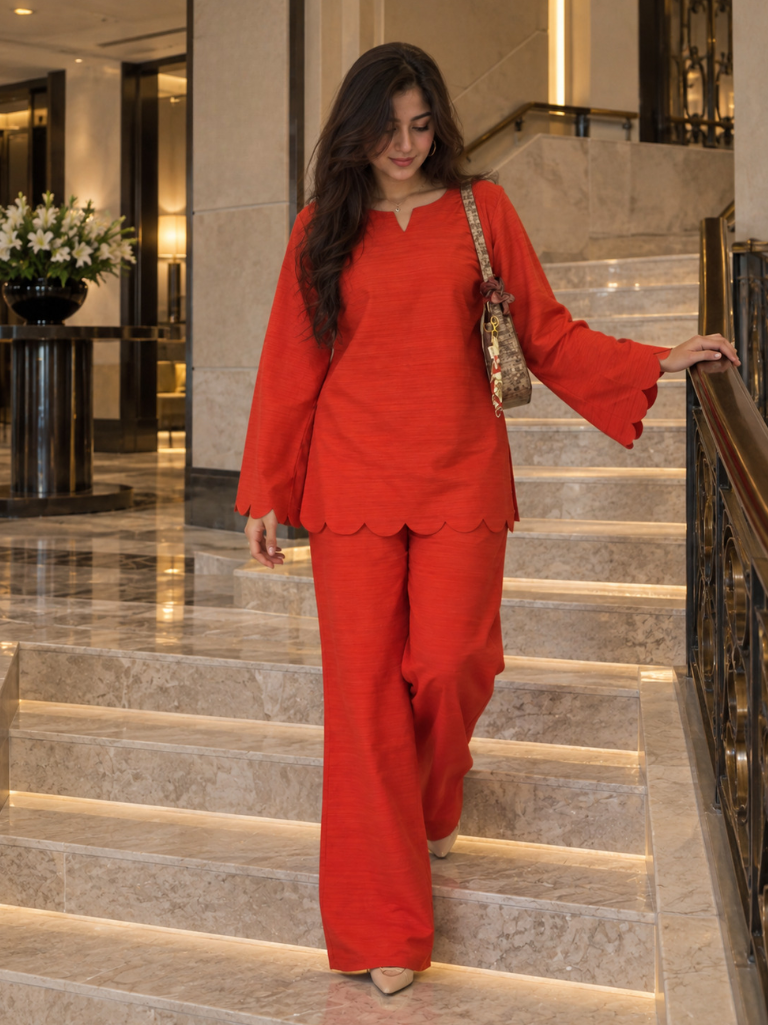Red Scalloped Rayon Co-Ord Set (KPREDPOLAR)