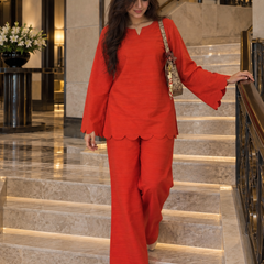 Red Scalloped Rayon Co-Ord Set (KPREDPOLAR)