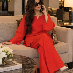 Red Scalloped Rayon Co-Ord Set (KPREDPOLAR)