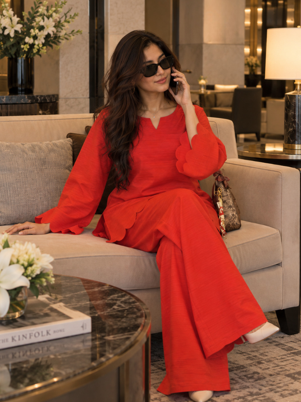 Red Scalloped Rayon Co-Ord Set (KPREDPOLAR)