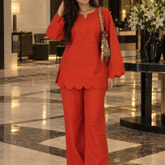 Red Scalloped Rayon Co-Ord Set (KPREDPOLAR)