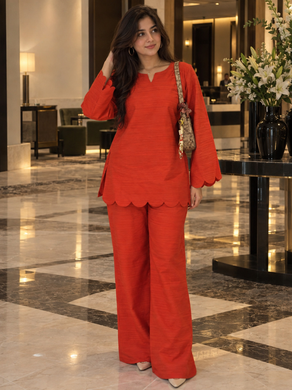 Red Scalloped Rayon Co-Ord Set (KPREDPOLAR)