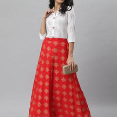 Stylum Women's Gold Print Cotton Blend Shirt Skirt Set (Redzoomskirtoset)