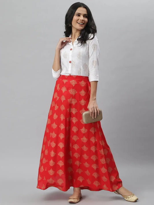 Stylum Women's Gold Print Cotton Blend Shirt Skirt Set (Redzoomskirtoset)