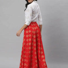 Stylum Women's Gold Print Cotton Blend Shirt Skirt Set (Redzoomskirtoset)