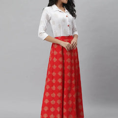 Stylum Women's Gold Print Cotton Blend Shirt Skirt Set (Redzoomskirtoset)