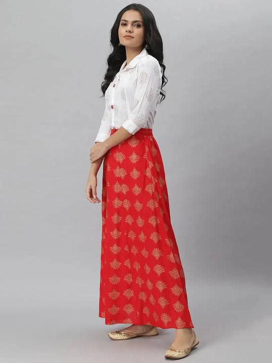 Stylum Women's Gold Print Cotton Blend Shirt Skirt Set (Redzoomskirtoset)