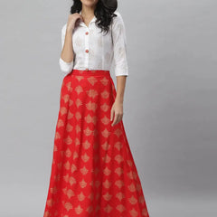 Stylum Women's Gold Print Cotton Blend Shirt Skirt Set (Redzoomskirtoset)