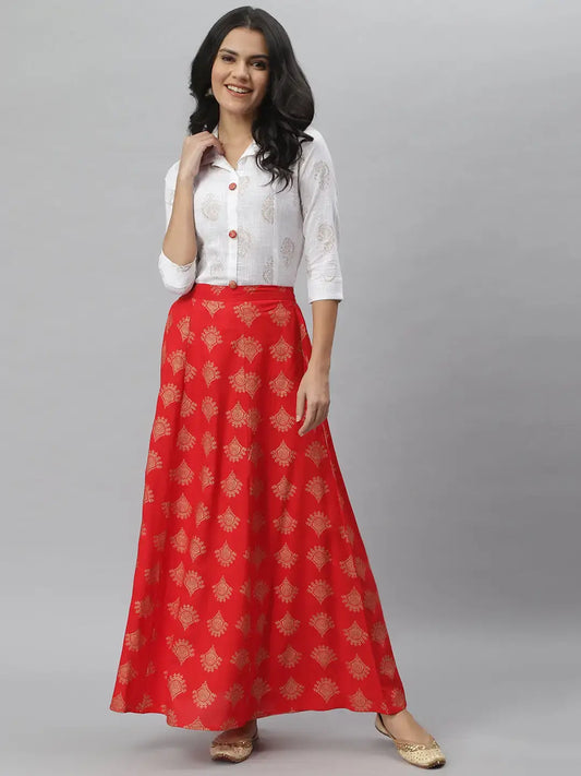 Stylum Women's Gold Print Cotton Blend Shirt Skirt Set (Redzoomskirtoset)