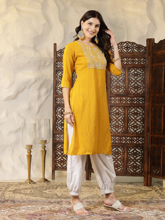 Stylum Women's Solid & Embroidered Cotton Blend Straight Kurta (SANDRA)