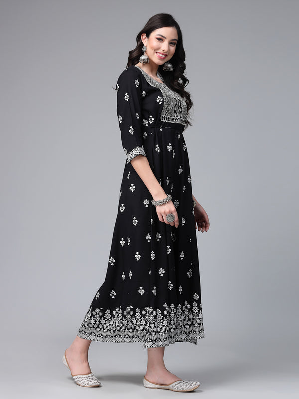 Stylum Women Printed & Embroiderd Rayon Anarkali Kurta (SARABLACK)