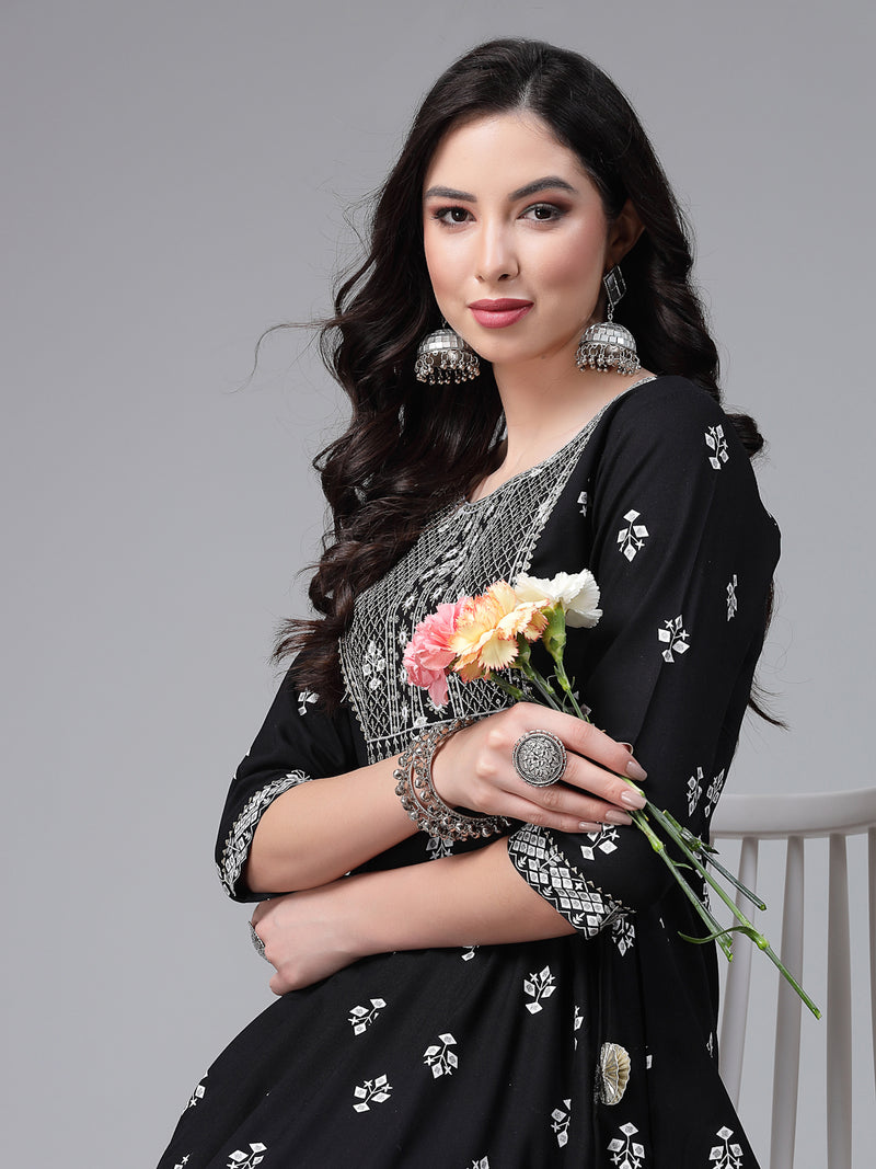 Printed & Embroiderd Rayon Anarkali Kurta