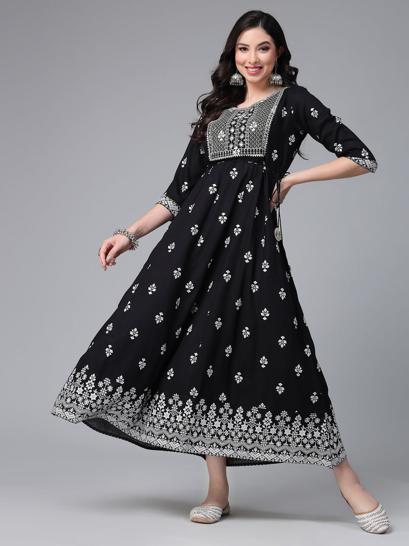 Stylum Women Printed & Embroiderd Rayon Anarkali Kurta (SARABLACK)