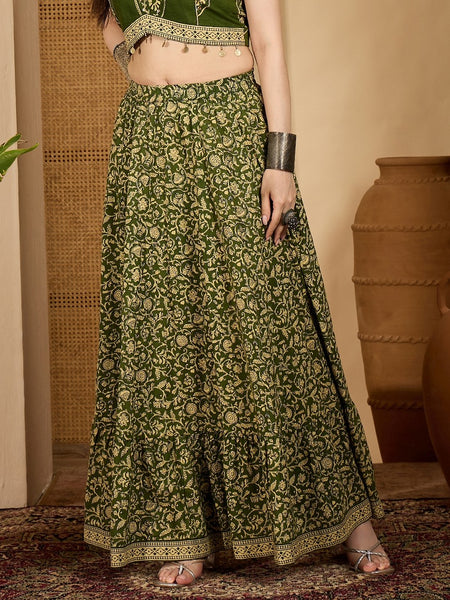 Stylum Women's Green Ethnic Printed Tiered Cotton Skirt (SKGREENSARGAM)