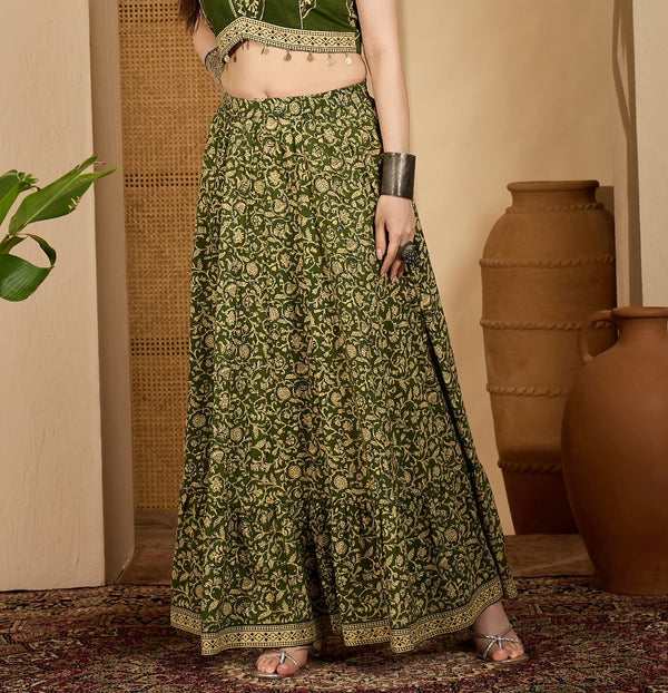 Stylum Women's Green Ethnic Printed Tiered Cotton Skirt (SKGREENSARGAM)