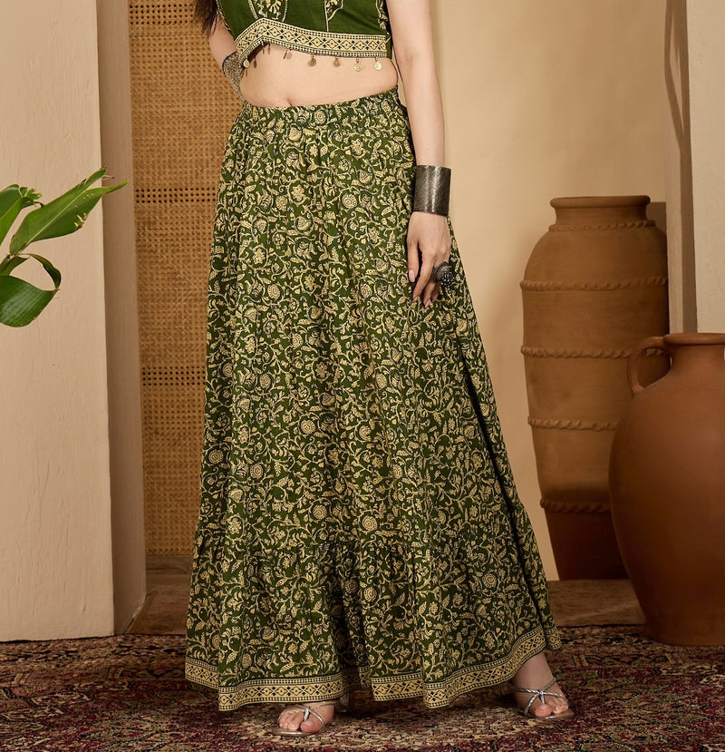 Stylum Women's Green Ethnic Printed Tiered Cotton Skirt (SKGREENSARGAM)