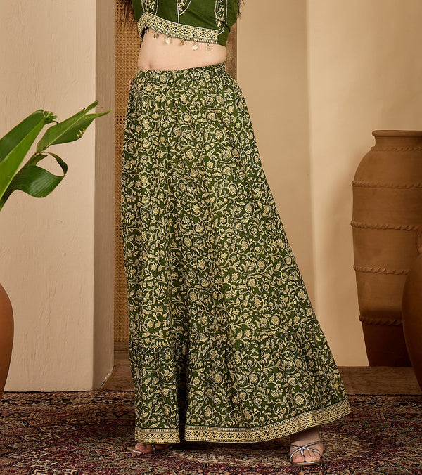 Stylum Women's Green Ethnic Printed Tiered Cotton Skirt (SKGREENSARGAM)