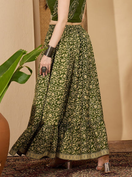 Stylum Women's Green Ethnic Printed Tiered Cotton Skirt (SKGREENSARGAM)