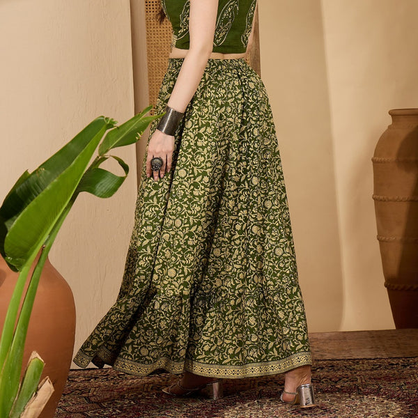 Stylum Women's Green Ethnic Printed Tiered Cotton Skirt (SKGREENSARGAM)