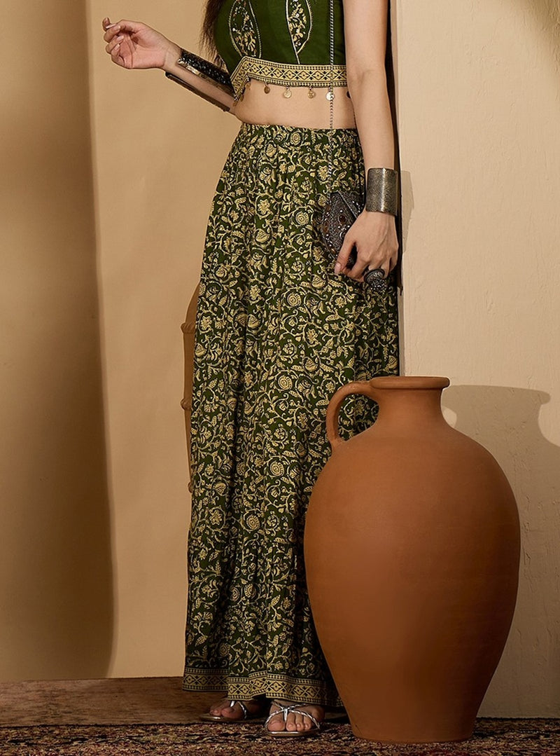 Stylum Women's Green Ethnic Printed Tiered Cotton Skirt (SKGREENSARGAM)