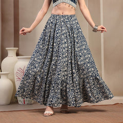 Stylum Women's Indigo Ethnic Printed Tiered Cotton Skirt (SKINDIGOSARGAM)