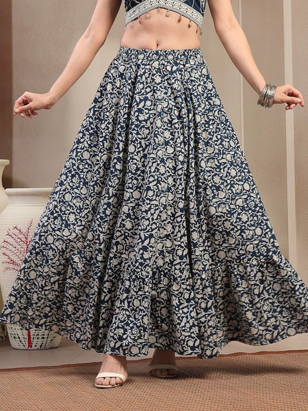 Stylum Women's Indigo Ethnic Printed Tiered Cotton Skirt (SKINDIGOSARGAM)