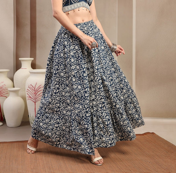 Stylum Women's Indigo Ethnic Printed Tiered Cotton Skirt (SKINDIGOSARGAM)