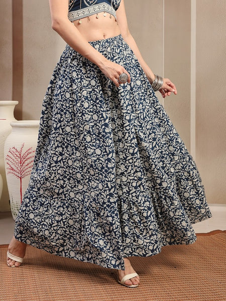 Stylum Women's Indigo Ethnic Printed Tiered Cotton Skirt (SKINDIGOSARGAM)