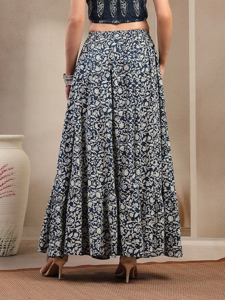 Stylum Women's Indigo Ethnic Printed Tiered Cotton Skirt (SKINDIGOSARGAM)
