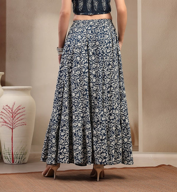 Stylum Women's Indigo Ethnic Printed Tiered Cotton Skirt (SKINDIGOSARGAM)