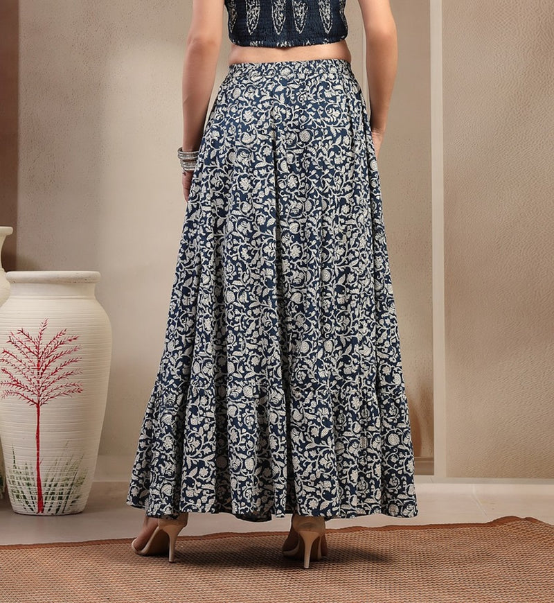 Stylum Women's Indigo Ethnic Printed Tiered Cotton Skirt (SKINDIGOSARGAM)