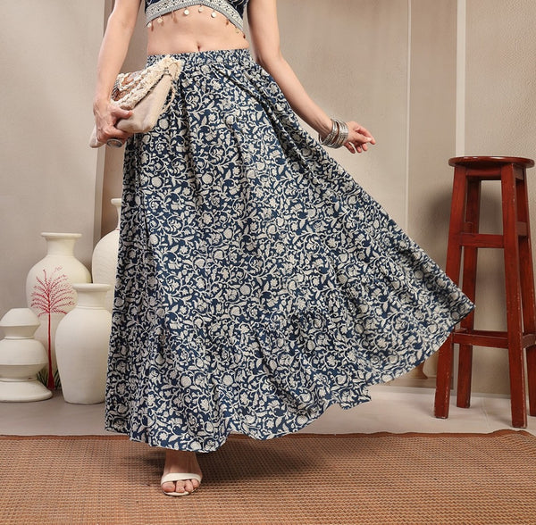 Stylum Women's Indigo Ethnic Printed Tiered Cotton Skirt (SKINDIGOSARGAM)
