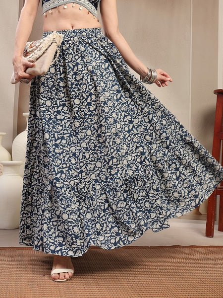 Stylum Women's Indigo Ethnic Printed Tiered Cotton Skirt (SKINDIGOSARGAM)
