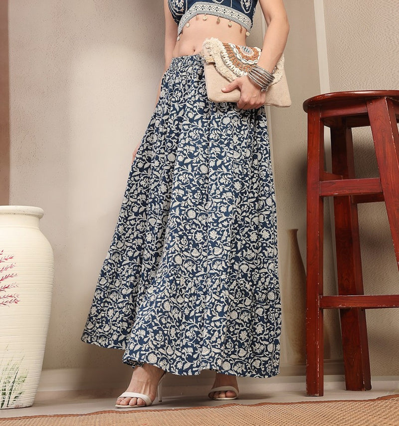 Stylum Women's Indigo Ethnic Printed Tiered Cotton Skirt (SKINDIGOSARGAM)