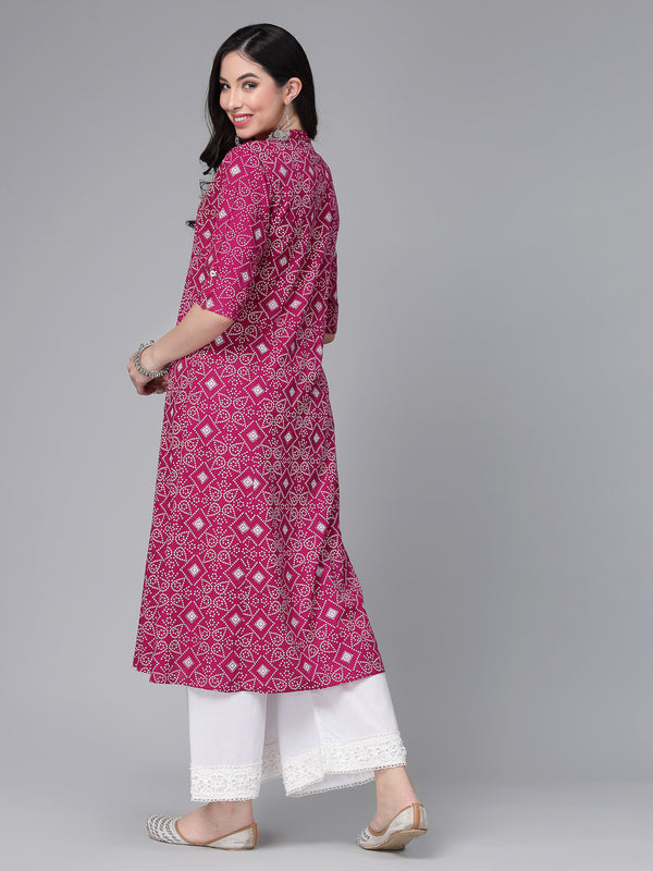 Magenta Printed Rayon A-Line Kurta