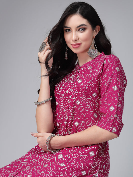  Magenta Printed Rayon A-Line Kurta